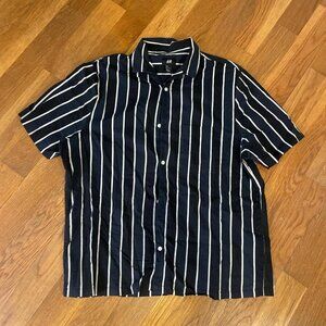 Navy/Black and White Striped Short Sleeve Boxy Relaxed Fit Button-Up Shirt - L